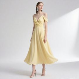 Light Yellow Off - Shoulder Pleated Chiffon Midi Dress | Elegant Summer Fashion