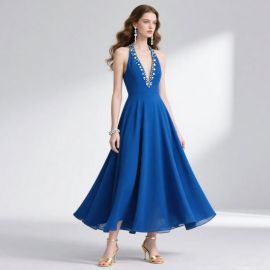 Royal Blue Deep V Neck Halter Gown with Beaded Detail - Elegant Evening Dress