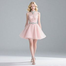 Elegant Pink Short Prom Dress with Lace & Beaded Details - Chic Evening Gown