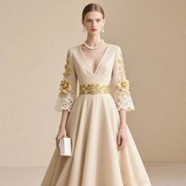 Elegant V-Neck Gown with Floral Embroidery, Lace Sleeves & Beaded Belt - Formal Occasion Dress