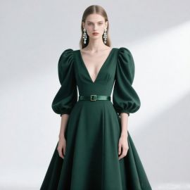 Elegant Deep Green V - Neck Puff Sleeve Maxi Dress with Belt