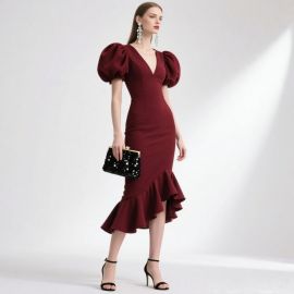 Burgundy Puff-Sleeve V-Neck Ruffled Hem Midi Dress
