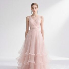 Blush Pink Sleeveless V-Neck Layered Tulle Evening Gown