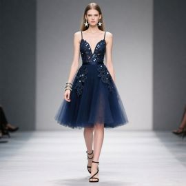 Navy Blue Spaghetti Strap Sequin Lace A - Line Evening Dress