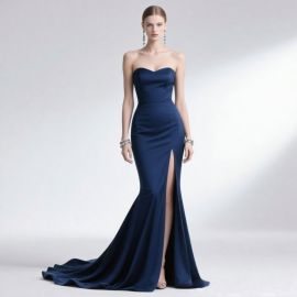 Navy Blue Strapless Mermaid Gown with High Slit - Elegant Evening Dress