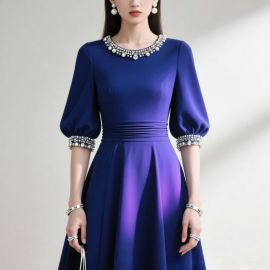 Elegant Deep Blue Evening Dress with Pearl-Embellished Neck & Sleeves