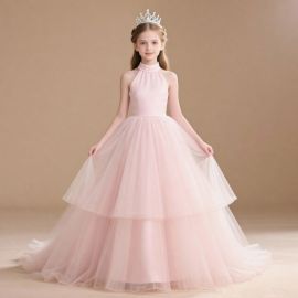 Pink Tulle Flower Girl Dress - High Neck Sleeveless Princess Gown for Weddings & Parties