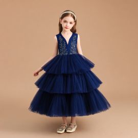 Navy Blue Girls Sleeveless V-Neck Dress with Embroidered Bodice & Tiered Tulle Skirt - Party Gown