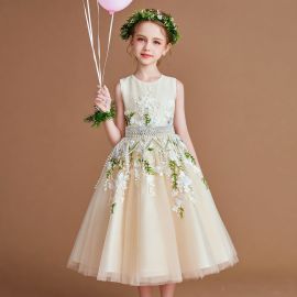 Flower Girl Dress: Embroidered Floral Pearls Tulle Gown for Weddings Parties