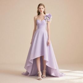 Elegant Lavender One - Shoulder High - Low Evening Dress with Floral Pearl Detail