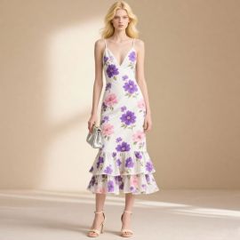 Chic Floral Print Spaghetti Strap Dress with Ruffled Hem - Summer Midi Style