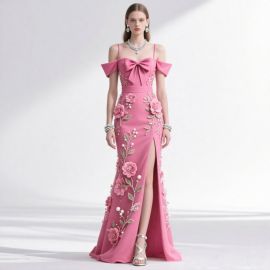 Elegant Pink Off-Shoulder Gown with Big Bow & Floral Embroidery - High Slit Evening Dress