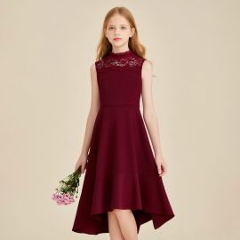 Burgundy Lace High Neck Sleeveless Asymmetrical Hem Flower Girl Dress for Girls