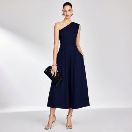 Elegant Navy Blue One - Shoulder Midi Dress: Chic & Sophisticated Design