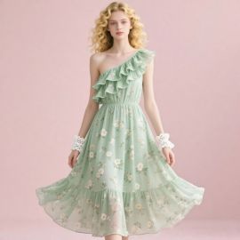 Mint Green One - Shoulder Floral Dress with Ruffled Detail - Summer Boho Style