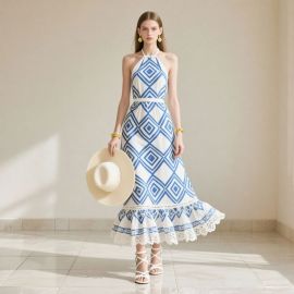 Elegant Geometric Print Halter Neck Dress with Lace Trim - Summer Boho Chic