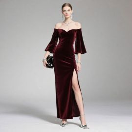 Elegant Burgundy Velvet Off - Shoulder Gown with Flare Sleeves & High Slit