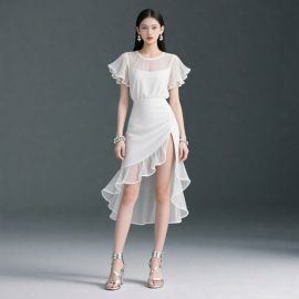 Elegant White Chiffon Dress: Ruffled Short Sleeves & High-Slit Asymmetric Hem - Summer Chic Fashion