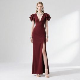 Burgundy Deep V Neck Ruffled Sleeve Slit Maxi Evening Dress