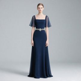 Navy Blue Long Evening Dress: Square Neck, Chiffon Sleeves & Pearl-Embellished Waist