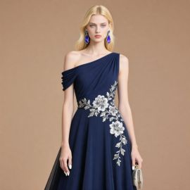 Elegant Navy Blue One - Shoulder Evening Gown with Embroidered Floral Details