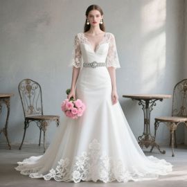 Elegant V-Neck A-Line Wedding Dress with Lace Sleeves & Rhinestone Belt