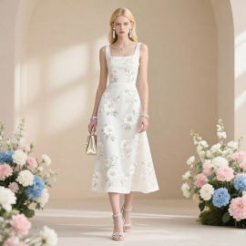 Elegant White Floral Embroidered Midi Dress - Square Neck Sleeveless Summer Party Gown