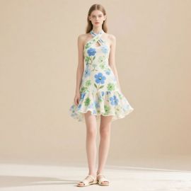 Floral Print Cross-Neck Halter Dress with Ruffled Hem - Summer Chic Style