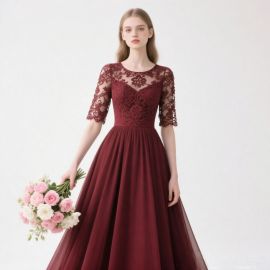 Elegant Burgundy Lace Evening Dress: A - line Gown with Half Sleeves for Weddings & Formal Events