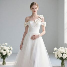 Charming Off - Shoulder Wedding Dress with Floral Embellishments & Tulle Skirt