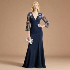 Navy Blue V-Neck Evening Gown with Lace Embroidery - Long Formal Dress for Weddings & Events