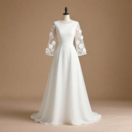 Elegant White Wedding Dress with Floral Lace Long Sleeves - Timeless Bridal Gown