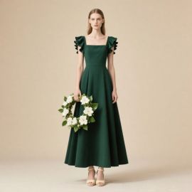 Elegant Emerald Green Square Neck Ruffled Sleeve Midi Dress