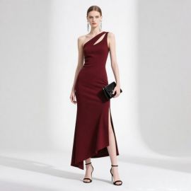 Elegant Burgundy One - Shoulder Evening Gown with High Slit Design
