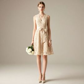 Elegant Beige Lace V-Neck Dress with Bow Belt - Wedding & Party Fashion