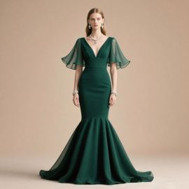 Emerald Green Mermaid Gown: Sheer Flutter Sleeves & Deep V-Neck Evening Dress