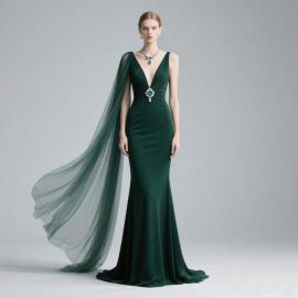 Emerald Green One-Shoulder Deep V-Neck Mermaid Evening Gown with Cape - Elegant Formal Dress