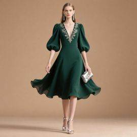 Elegant Emerald Green V - Neck Embroidered Puff Sleeve Midi Dress