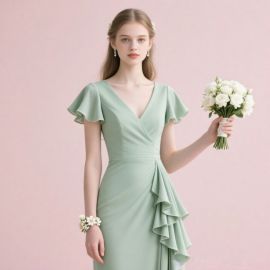 Sage Green V-Neck Ruffle Sleeve Formal Dress with Asymmetric Ruffles