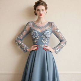 Elegant Blue Long - Sleeve Evening Gown with Lace & Floral Embroidery