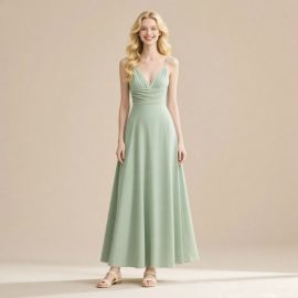 Elegant Sage Green Spaghetti Strap Pleated Waist Flowy Maxi Dress