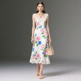 Chic White Midi Dress: Floral Print & Lace Trim for Elegant Summer Looks