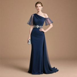 Navy Blue One-Shoulder Evening Gown: Sheer Flutter Sleeves, Beaded Waist, Long Train - Elegant Formal Dress