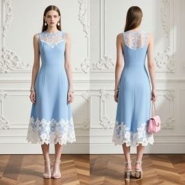 Elegant Light Blue Sleeveless Midi Dress with Lace Neckline, Back & Hem - Summer Chic Style