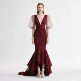 Burgundy Mermaid Gown: Deep V-Neck, Puff Sleeves & High-Low Hem Evening Dress