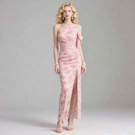 Pink One - Shoulder Floral Long Dress with High Slit, Elegant Evening Gown for Parties