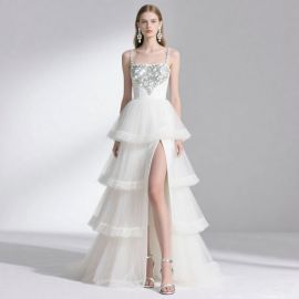 Elegant White Gown: Beaded Bodice, Tiered Tulle Skirt, High Slit - Bridal/Wedding Dress