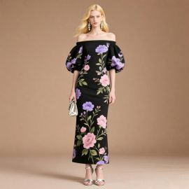 Elegant Off - Shoulder Floral Print Maxi Dress with Puff Sleeves