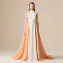 Elegant Color-Block Halter Neck Long Evening Gown - White & Orange