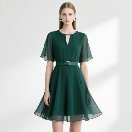 Emerald Green Belted V-Neck Chiffon Dress: Short Sleeve A-Line Skater Style for Women